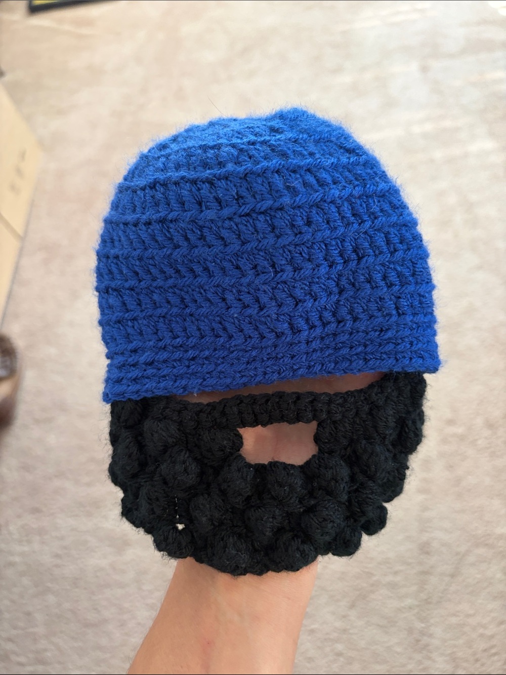 Handmade Blue Crochet Beanie with Black Crochet Beard